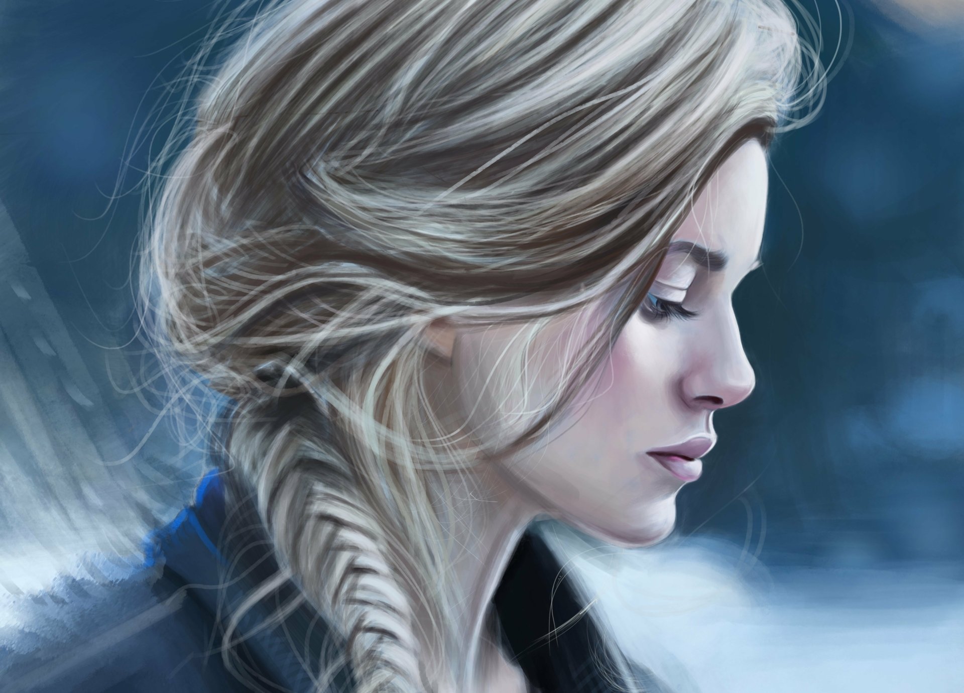Artistic 4K Ultra HD desktop wallpaper featuring a close-up profile of a blonde woman with intricate braided hair against a cool-toned, blurred background.