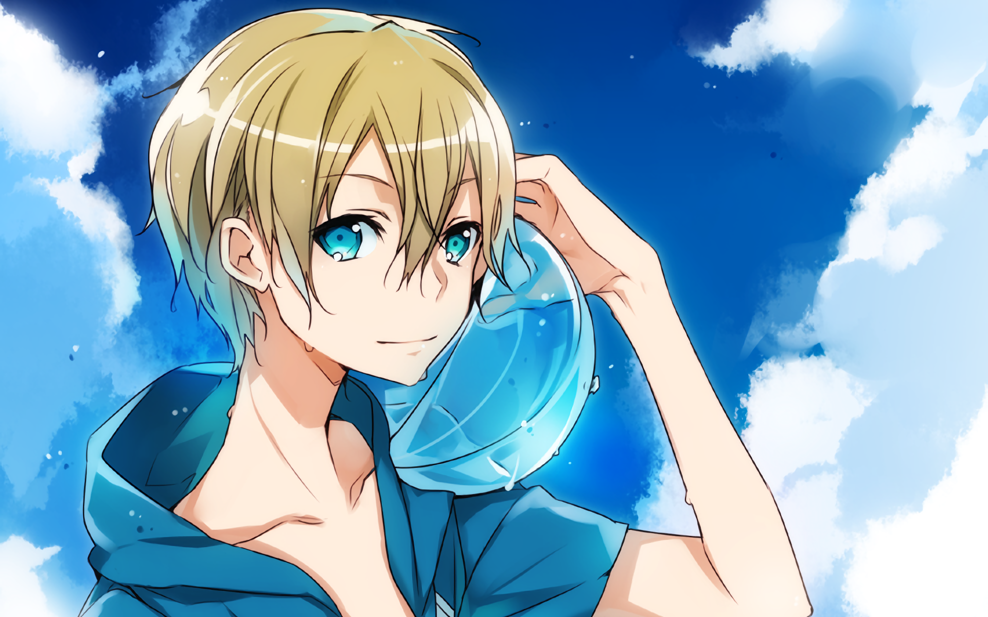 HD PC desktop wallpaper featuring Eugeo from the anime Sword Art Online, set against a bright blue sky with fluffy white clouds.