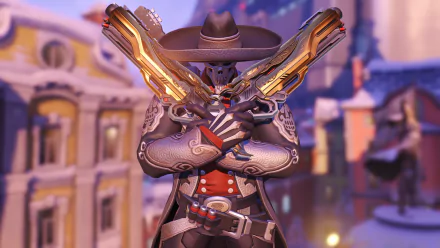 Reaper from Overwatch in high-resolution 8K Ultra HD, wielding dual shotguns in a detailed video game-inspired setting.