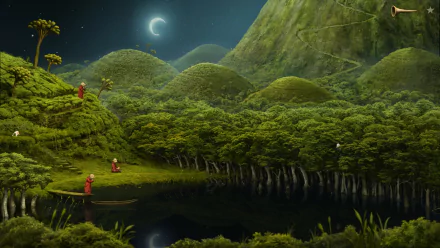 HD desktop wallpaper from Samorost 3 featuring mystical hilltops, a tranquil lake, and a crescent moon in a starry night sky.