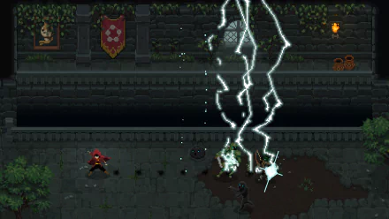 HD Wizard of Legend desktop wallpaper featuring a character casting lightning magic in a dungeon corridor.