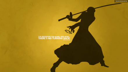 HD desktop wallpaper featuring an anime silhouette of Trafalgar Law from One Piece against a yellow background with the quote I've destroyed the G-5 base, and now... There's no turning back!