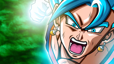 HD desktop wallpaper of SSGSS Vegito from Dragon Ball Super, featuring Vegito in an intense moment with a vibrant green background.