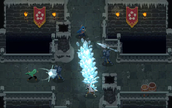 HD desktop wallpaper of Wizard of Legend game showing a magical battle within a castle's interior.