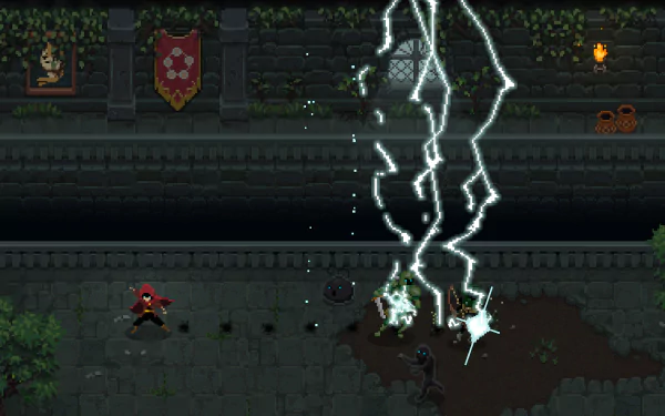 HD Wizard of Legend desktop wallpaper featuring a character casting lightning magic in a dungeon corridor.