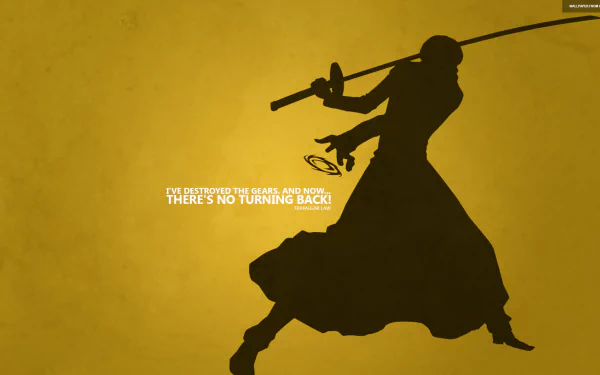 HD desktop wallpaper featuring an anime silhouette of Trafalgar Law from One Piece against a yellow background with the quote I've destroyed the G-5 base, and now... There's no turning back!