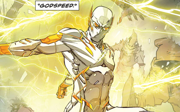 A dynamic HD wallpaper featuring Godspeed from DC Comics, showcasing the character in action amidst crackling lightning, highlighting the vibrant energy of the Flash universe.