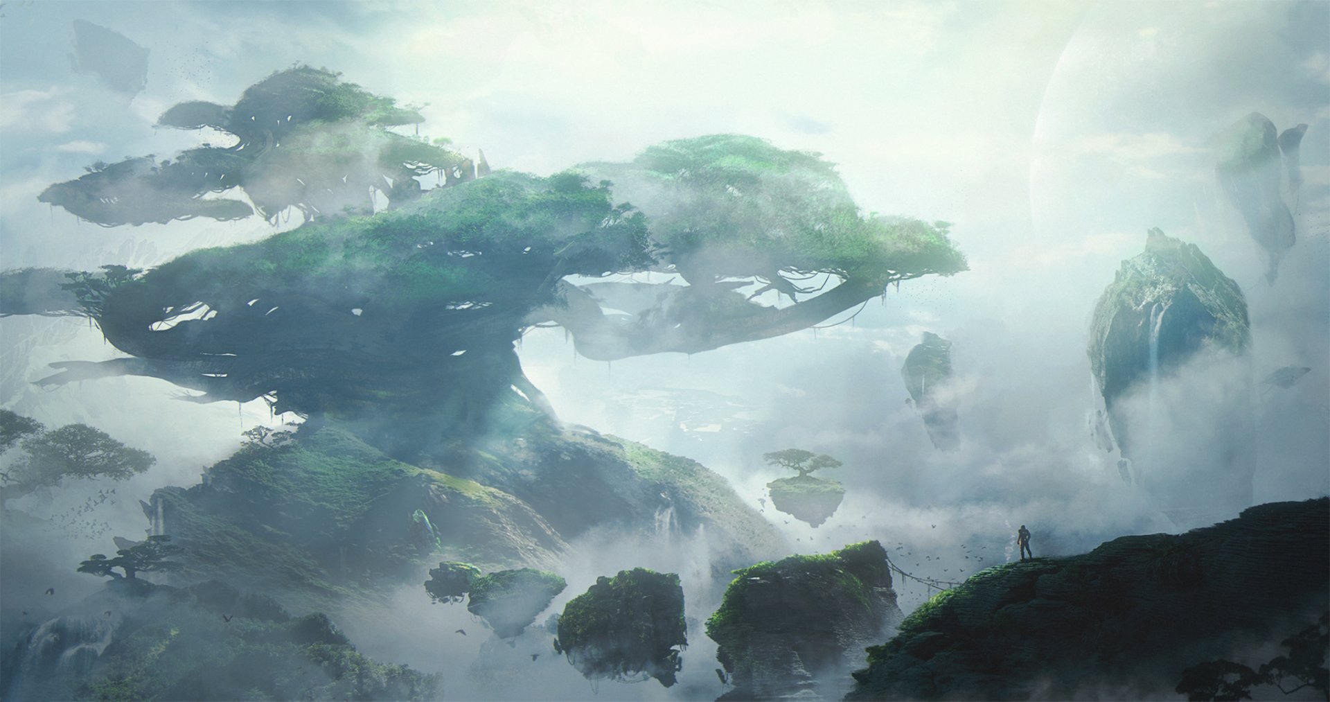 A fantasy landscape featuring a foggy floating island with a large tree, surrounded by mist and ethereal formations, creating a serene and otherworldly atmosphere. HD desktop wallpaper.