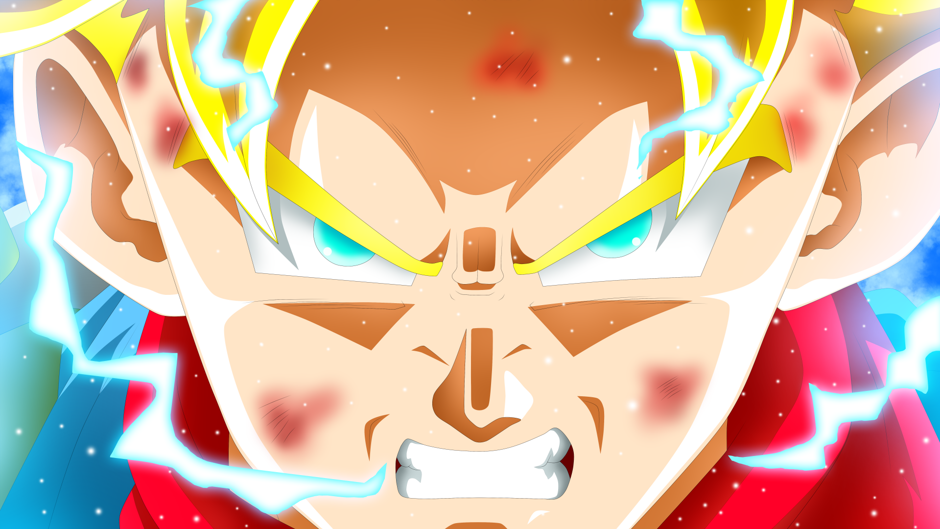 Close-up of an intense Dragon Ball Super character powering up, with glowing eyes and electric energy, rendered in 8K Ultra HD for a vivid PC desktop wallpaper.