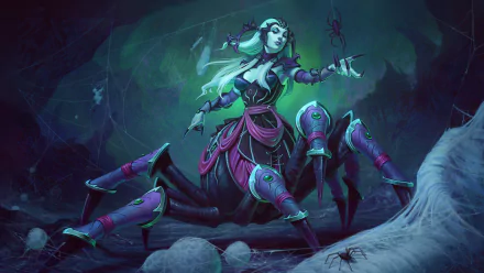 HD PC wallpaper featuring Arachne from Smite, a white-haired spider creature with a dark, mystical background.