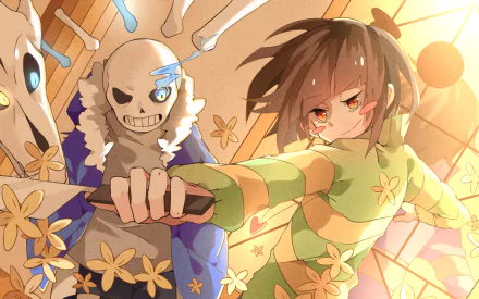 HD desktop wallpaper featuring Chara and Sans from the video game Undertale, with vibrant colors and dynamic action poses.