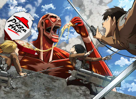 HD desktop wallpaper featuring Colossal Titan eating Pizza Hut pizza, with characters Armin Arlert, Mikasa Ackerman, and Eren Yeager from Attack on Titan anime in action.