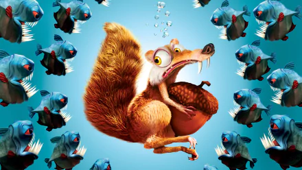 HD PC desktop wallpaper featuring Scrat from the movie Ice Age: The Meltdown, clutching an acorn surrounded by cartoonish blue fish against a bright blue background.