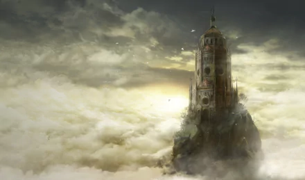 HD desktop wallpaper of Dark Souls III featuring an ominous tower rising above a sea of clouds under a stormy sky.