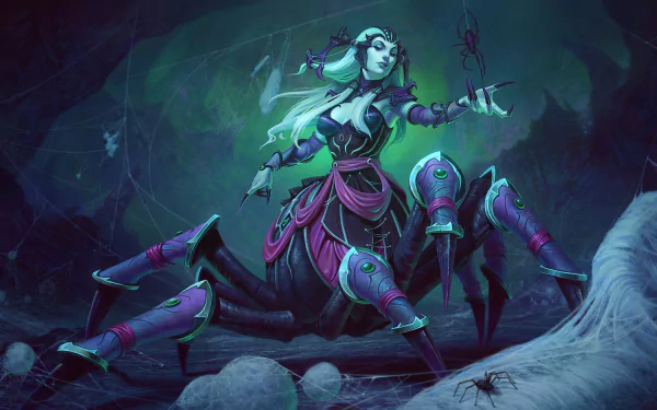 HD PC wallpaper featuring Arachne from Smite, a white-haired spider creature with a dark, mystical background.