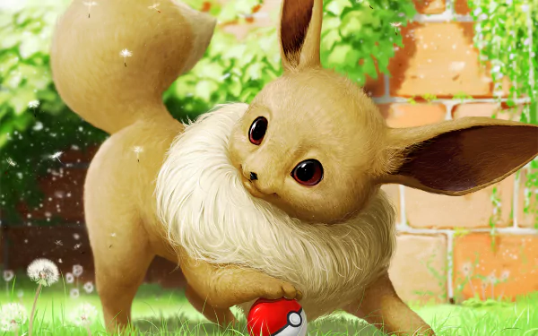 Eevee from Pokémon in a vibrant anime-style HD desktop wallpaper, playfully pawing a Poké Ball on a sunlit grassy background.