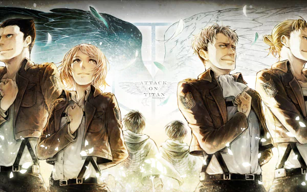 HD desktop wallpaper featuring Gunther Schultz, Petra Ral, Eren Yeager, Levi Ackerman, Erd Gin, and Auruo Bossard from the anime Attack on Titan, with detailed artwork and a stylized background.