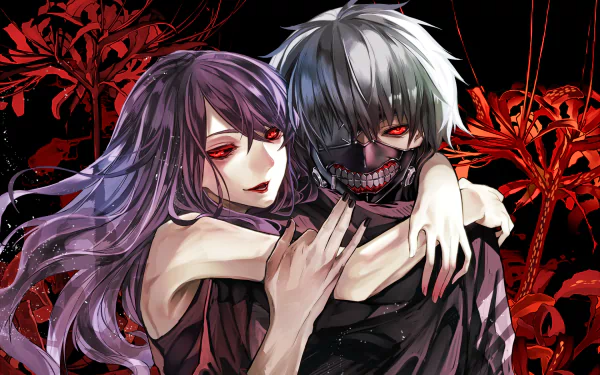 HD wallpaper featuring Rize Kamishiro and Ken Kaneki from the anime Tokyo Ghoul, showcasing vibrant colors and detailed characters against an intense background.