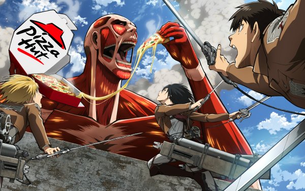 Anime Attack On Titan Shingeki No Kyojin Pizza Hut Eren Yeager Mikasa Ackerman Armin Arlert Colossal Titan HD Wallpaper | Hintergrund