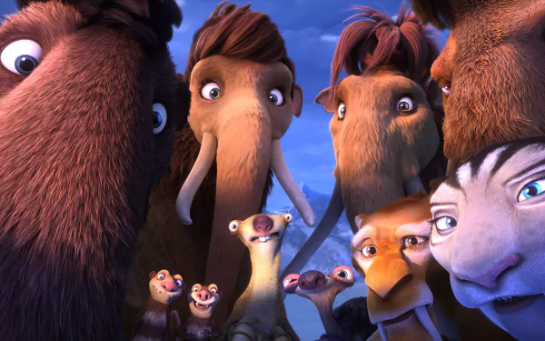 HD PC desktop wallpaper featuring characters from the movie Ice Age: Collision Course in a close-up group shot against a blue sky background.