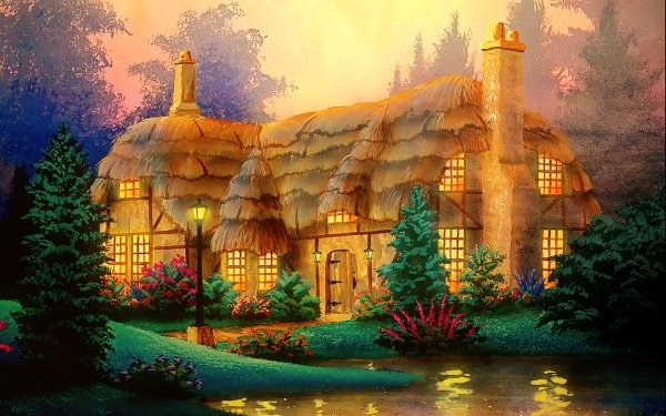 Artistic House Cottage Magical Landscape Colorful HD Wallpaper | Background Image