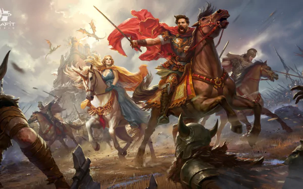 A dynamic fantasy battle scene with a blonde warrior in a blue dress riding a unicorn, surrounded by knights in armor and dragons. The HD wallpaper exudes an epic, high-stakes atmosphere.