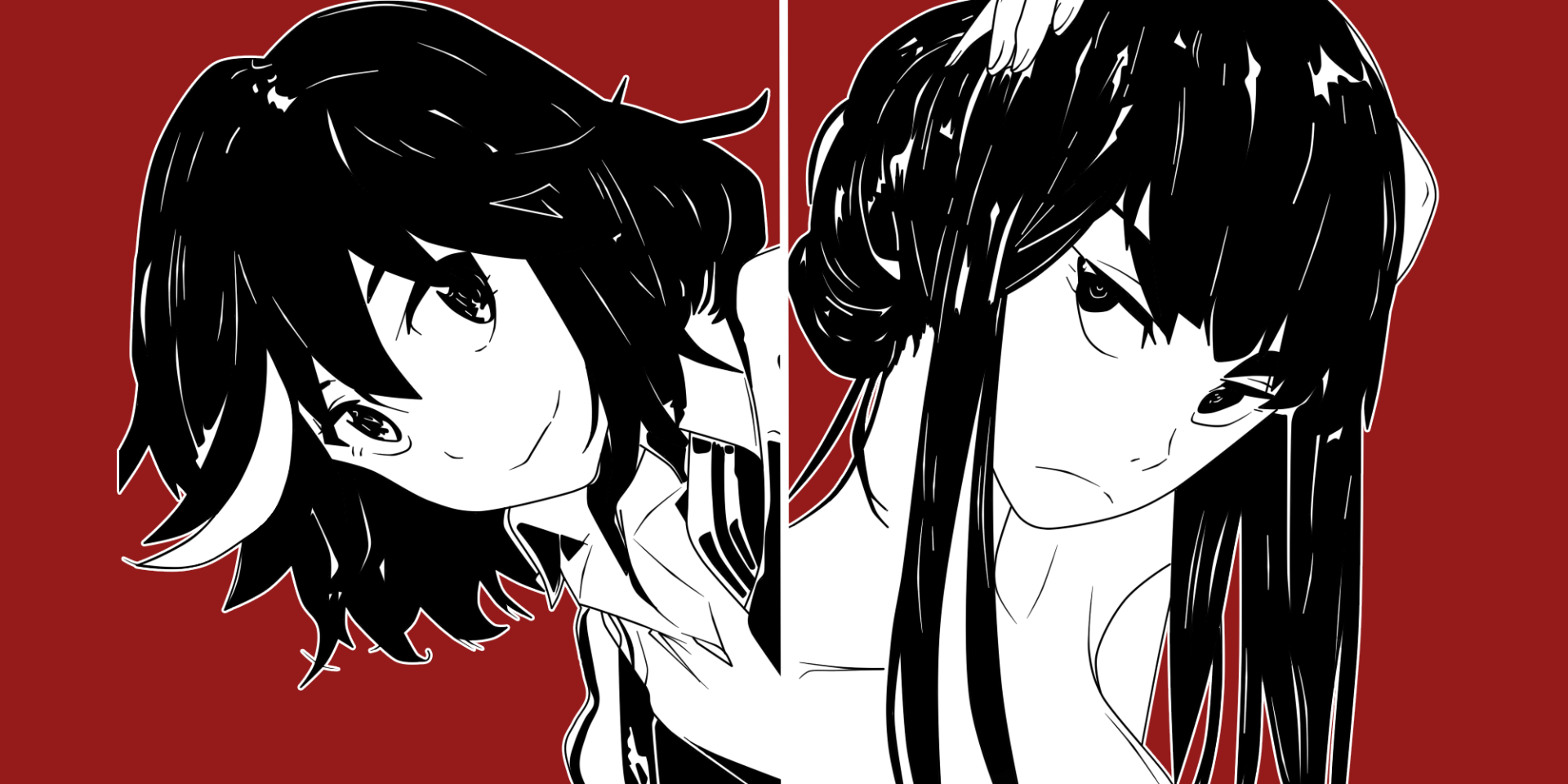 HD anime PC wallpaper featuring Satsuki Kiryūin and Ryūko Matoi from Kill La Kill, showcasing bold black-and-white character portraits against a red background.
