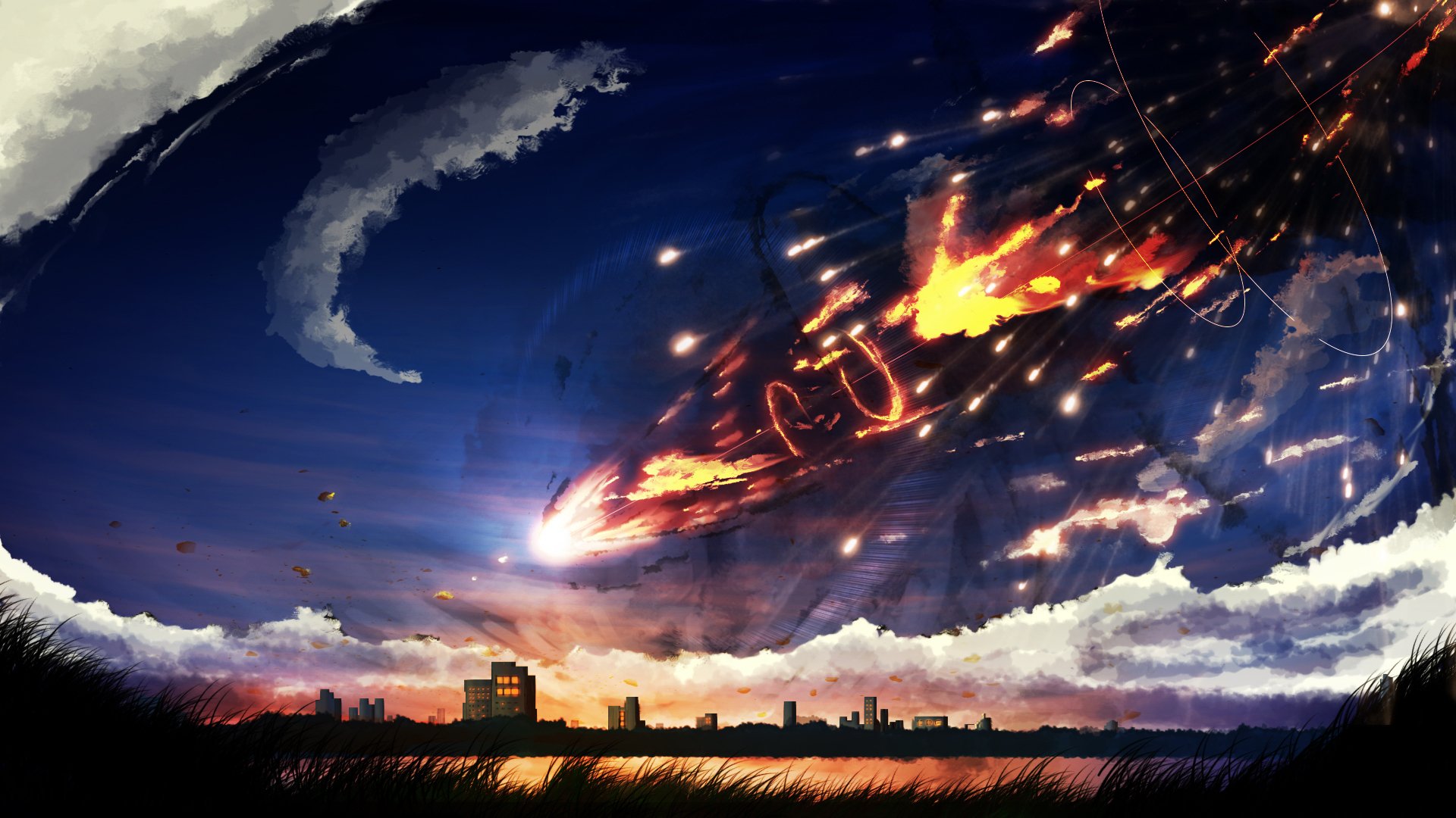 A stunning HD anime-inspired wallpaper depicting a fiery meteor shower over a tranquil cityscape with a serene lake in the foreground.