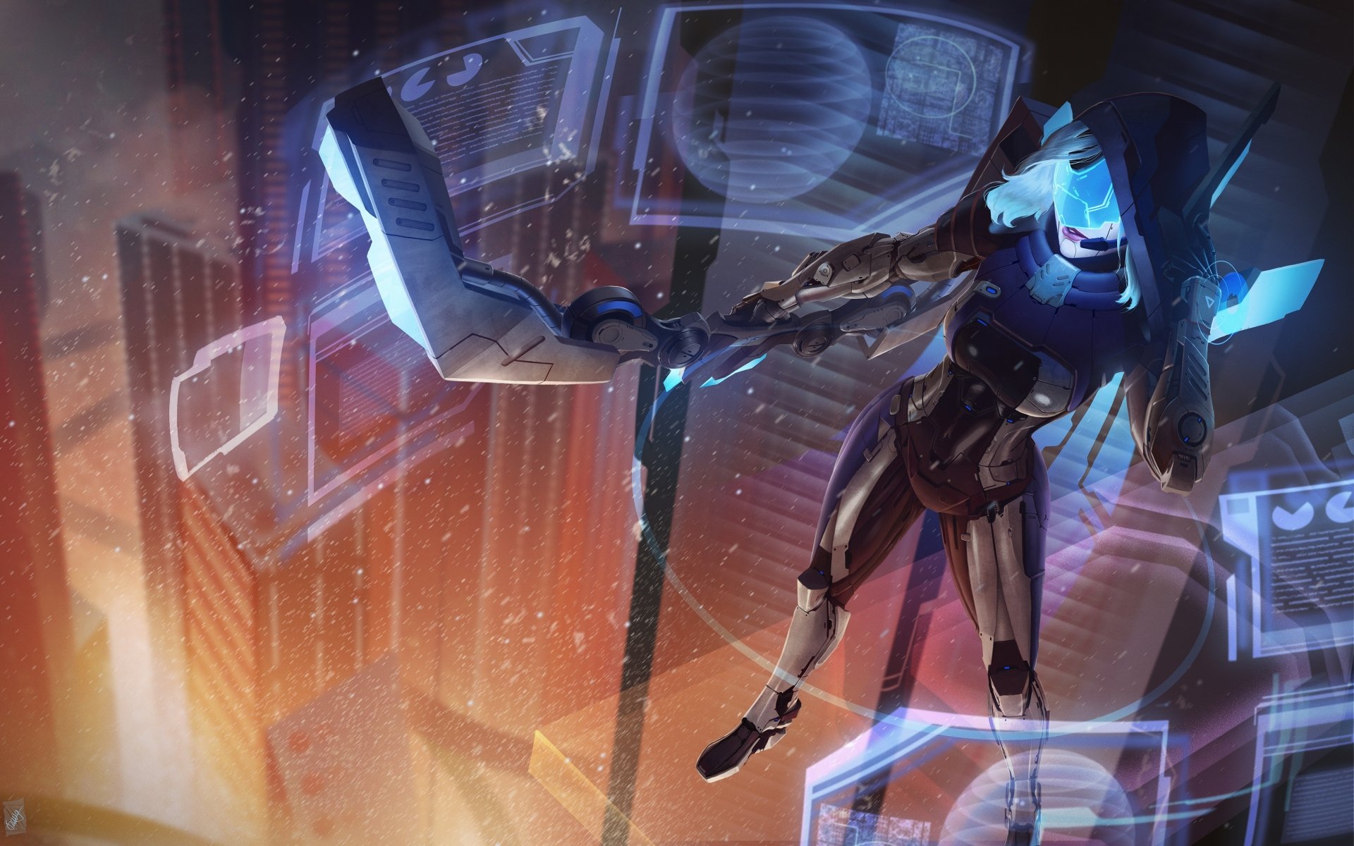HD desktop wallpaper featuring Ashe from League of Legends in a futuristic setting, with glowing holographic elements against a backdrop of towering cityscape buildings.