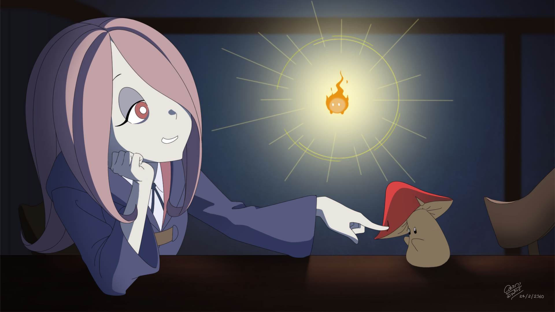 HD PC desktop wallpaper/background of Sucy Manbavaran (Anime, Little Witch Academia): she lounges at a table, touching a tiny mushroom creature lit by a glowing floating wisp.