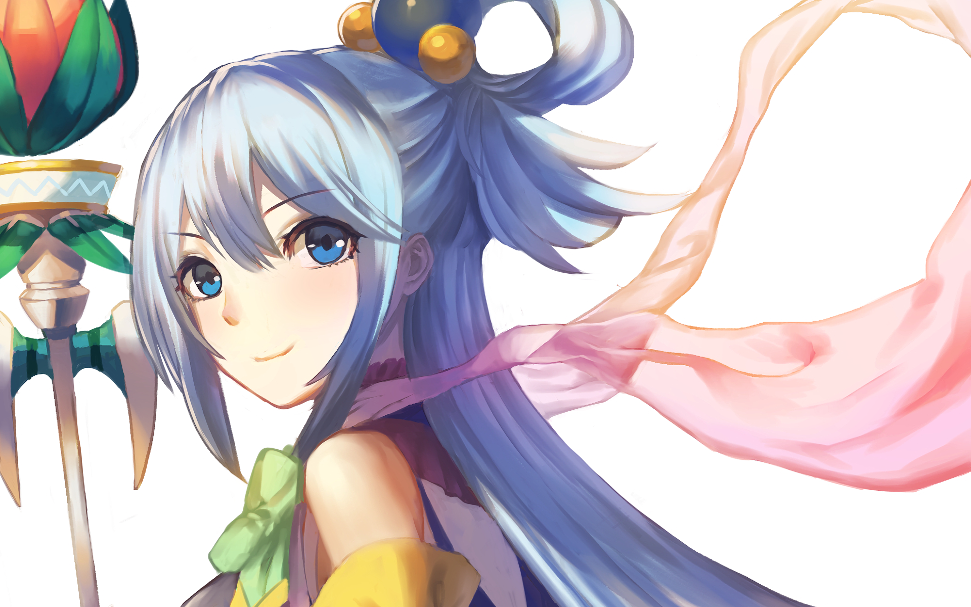 HD PC desktop wallpaper featuring Aqua from the anime KonoSuba - God’s blessing on this wonderful world!! with vibrant colors and flowing ribbons.