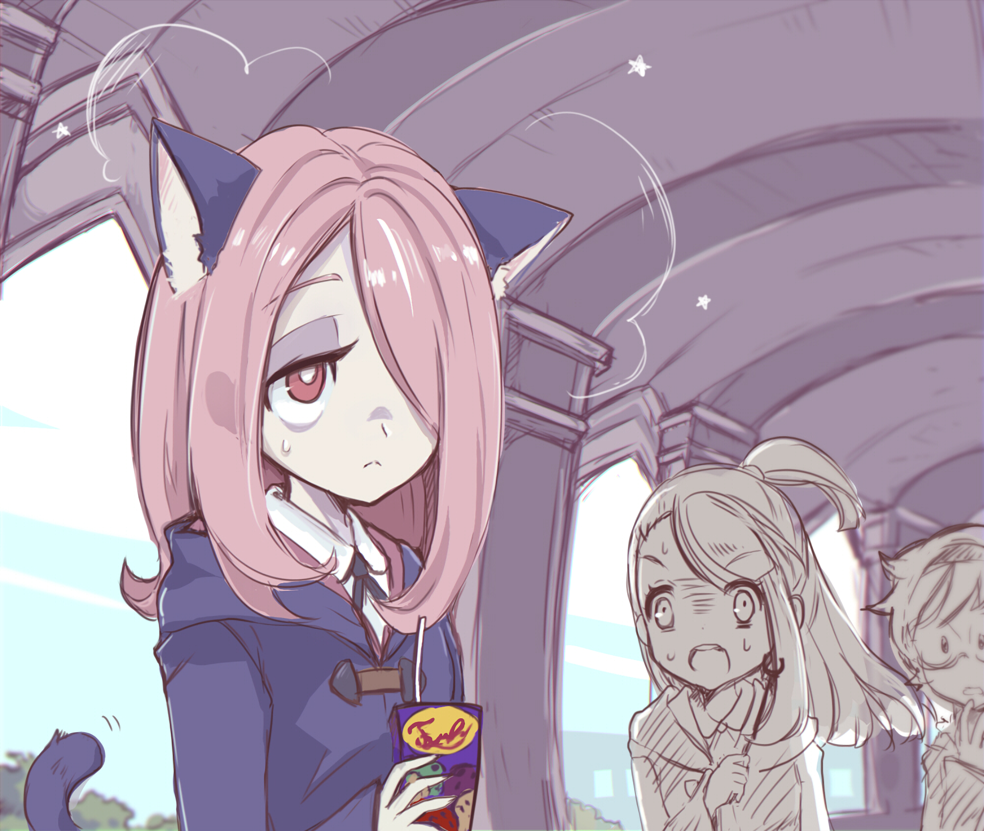HD desktop wallpaper and background featuring Sucy Manbavaran from Little Witch Academia anime, showing her in a school setting with an uninterested expression and other characters in the background.