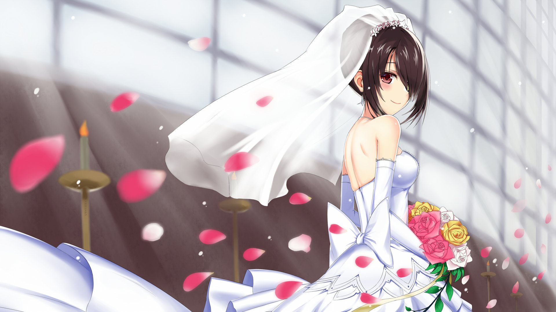 HD desktop wallpaper featuring Kurumi Tokisaki from the anime Date A Live, dressed in a wedding gown, smiling while holding a bouquet. Rose petals and soft lighting create a dreamy background.