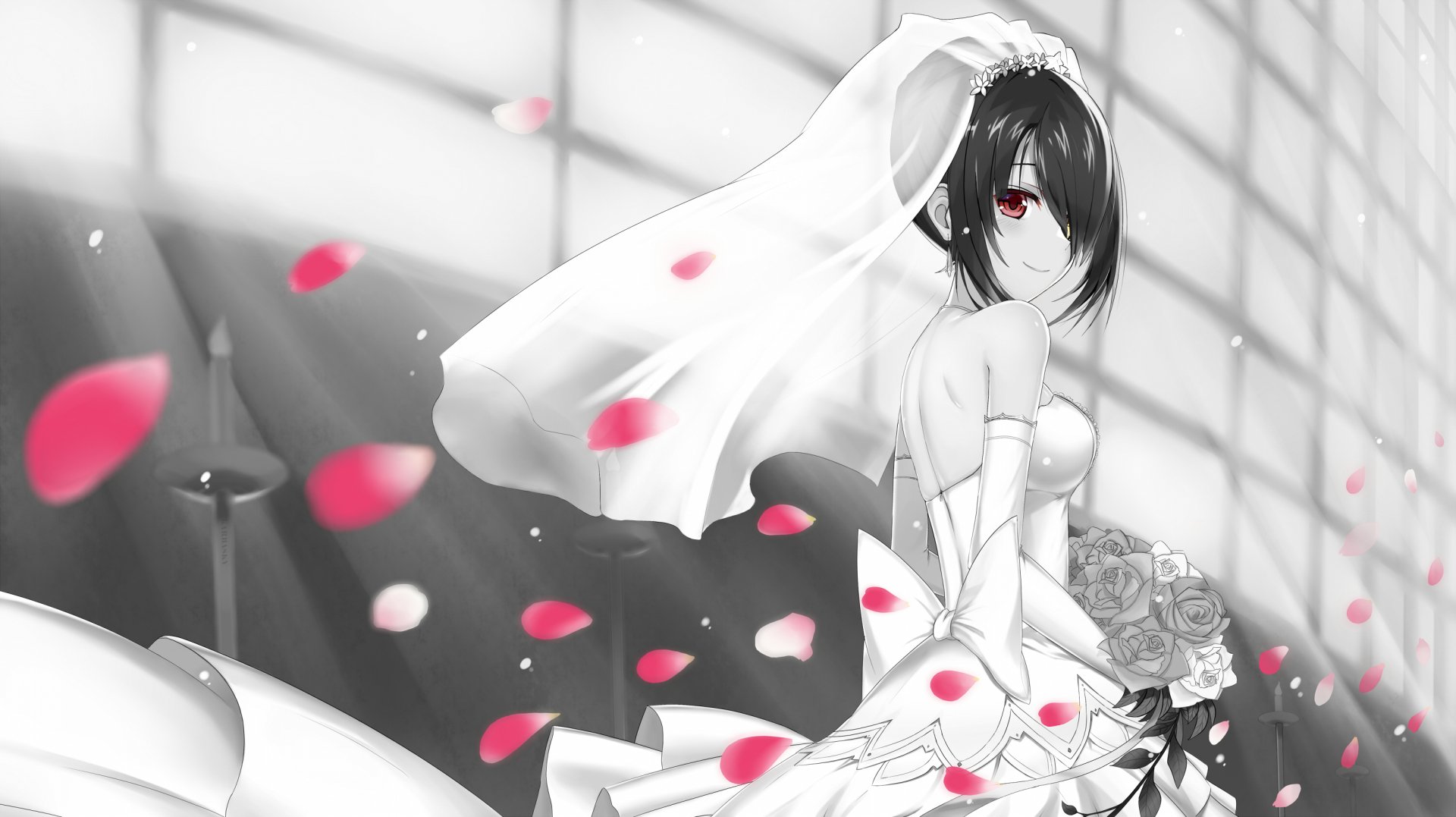 HD desktop wallpaper featuring Kurumi Tokisaki from the anime Date A Live, dressed as a bride and surrounded by falling red rose petals.