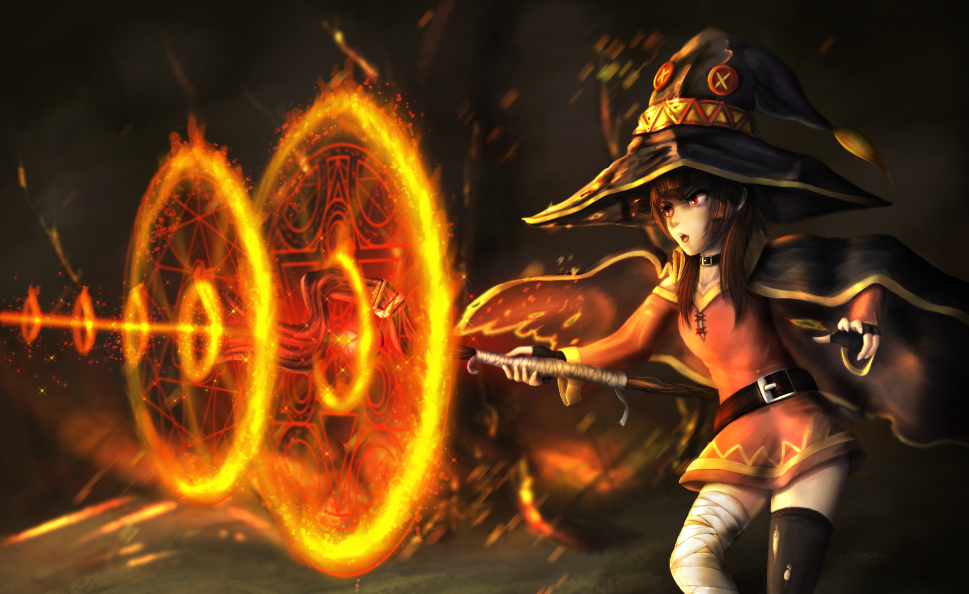 HD PC desktop wallpaper featuring Megumin from KonoSuba – God’s blessing on this wonderful world!! casting a fiery explosion spell with glowing magical circles.