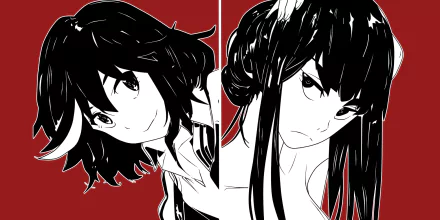 HD anime PC wallpaper featuring Satsuki Kiryūin and Ryūko Matoi from Kill La Kill, showcasing bold black-and-white character portraits against a red background.