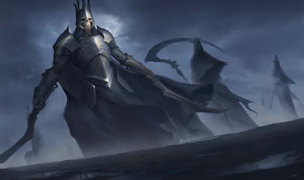 Dark warrior clad in armor with a crown, wielding a sword and scythe, stands against a grim reaper backdrop in this HD PC desktop wallpaper.