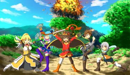 Kazuma Satou, Eris, Aqua, Darkness, and Megumin from the anime KonoSuba: God's Blessing on This Wonderful World!! pose dramatically in front of an explosion in this vibrant HD desktop wallpaper.