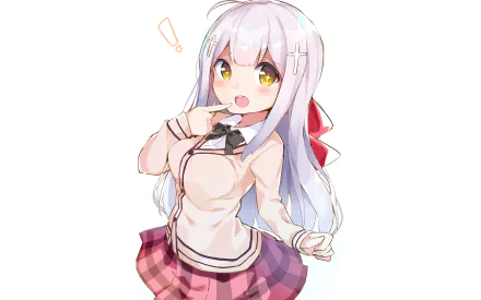 HD desktop wallpaper featuring Raphiel Shiraha Ainsworth from the anime Gabriel DropOut, showcasing her expressive gesture, bright eyes, and school outfit with a red bow against a plain background.