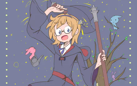 HD anime desktop wallpaper featuring Lotte Yanson from Little Witch Academia, depicted in her witch outfit with a staff, surrounded by magical sparkles and floating objects.