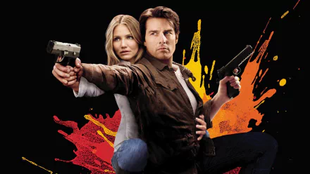 HD PC desktop wallpaper featuring Tom Cruise and Cameron Diaz in action poses from the movie Knight and Day with dynamic orange and red splashes in the background.