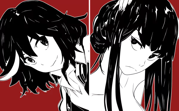 HD anime PC wallpaper featuring Satsuki Kiryūin and Ryūko Matoi from Kill La Kill, showcasing bold black-and-white character portraits against a red background.