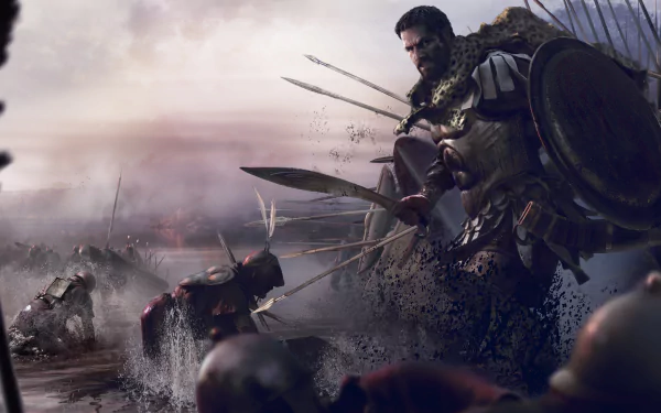 HD desktop wallpaper featuring Hannibal Barca from the video game Total War: Rome II, showcasing an intense battle scene with soldiers clashing under a dramatic, cloudy sky.