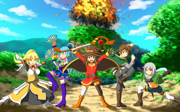 Kazuma Satou, Eris, Aqua, Darkness, and Megumin from the anime KonoSuba: God's Blessing on This Wonderful World!! pose dramatically in front of an explosion in this vibrant HD desktop wallpaper.