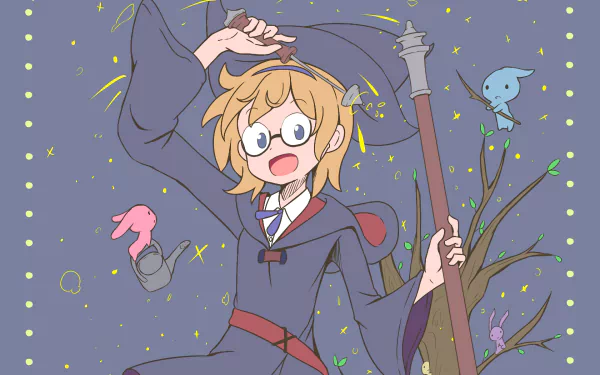HD anime desktop wallpaper featuring Lotte Yanson from Little Witch Academia, depicted in her witch outfit with a staff, surrounded by magical sparkles and floating objects.