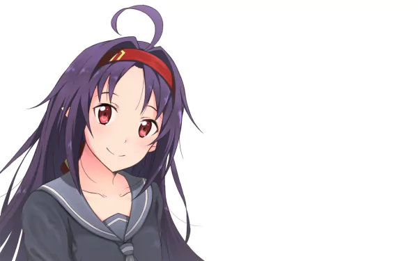 Anime character from Sword Art Online II with long dark purple hair and red eyes, featured in an HD PC desktop wallpaper and background with a clean white space.