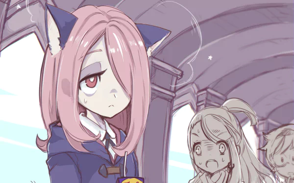 HD desktop wallpaper and background featuring Sucy Manbavaran from Little Witch Academia anime, showing her in a school setting with an uninterested expression and other characters in the background.
