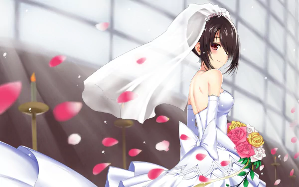 HD desktop wallpaper featuring Kurumi Tokisaki from the anime Date A Live, dressed in a wedding gown, smiling while holding a bouquet. Rose petals and soft lighting create a dreamy background.