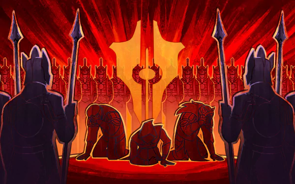 HD wallpaper depicting a tyrannical scene with shadowed figures and a central sword, creating a powerful, ominous backdrop.