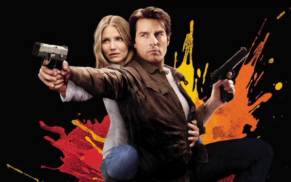 HD PC desktop wallpaper featuring Tom Cruise and Cameron Diaz in action poses from the movie Knight and Day with dynamic orange and red splashes in the background.